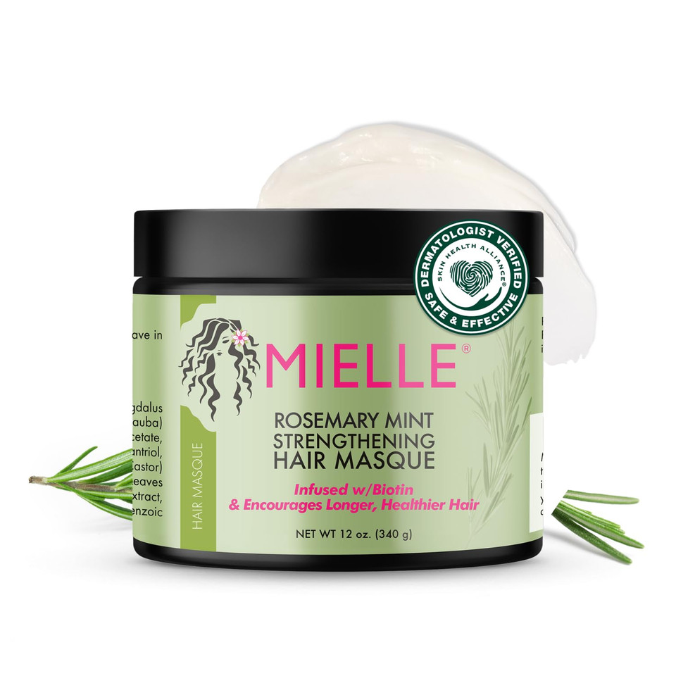 Mielle Organics Rosemary Mint Strengthening Hair Mask For Damaged Hair - Deep Conditioning Treatment Enriched With Biotin, Honey & Coconut Oil - Helps Encourage Longer, Healthier Strands (12 Oz)