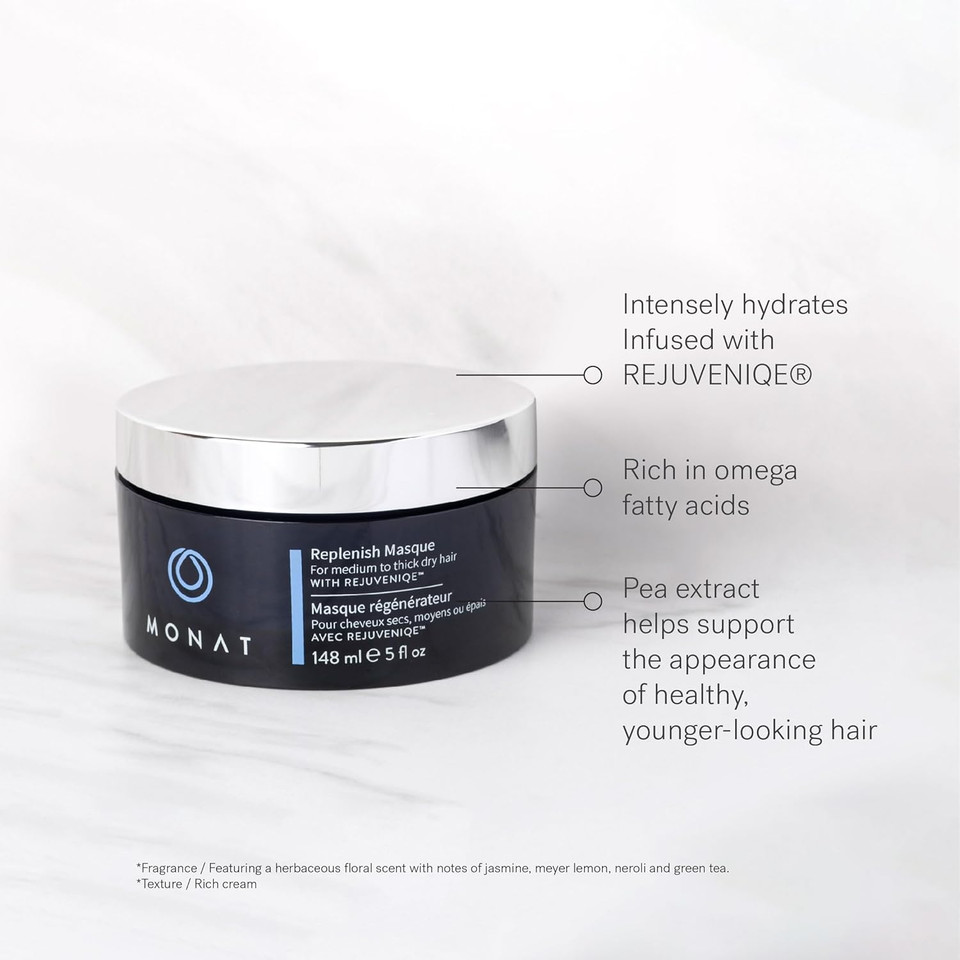 Monat Replenish Masque Infused With Rejuveniqe® - Hair Masque That Deeply Condition Medium To Thick Hair. Hydrating Hair Mask W/Pea Extract & Vegan Uv Protectant - Net Wt. 148 Ml ? 5.0 Fl. Oz