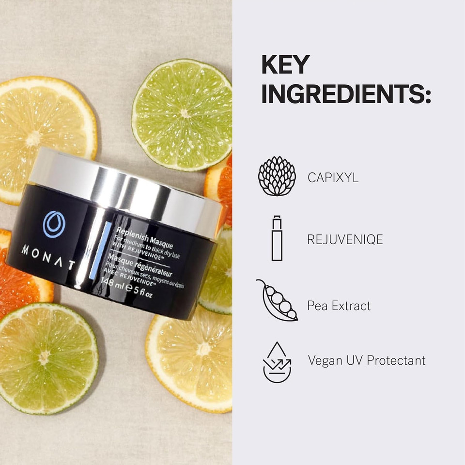 Monat Replenish Masque Infused With Rejuveniqe® - Hair Masque That Deeply Condition Medium To Thick Hair. Hydrating Hair Mask W/Pea Extract & Vegan Uv Protectant - Net Wt. 148 Ml ? 5.0 Fl. Oz