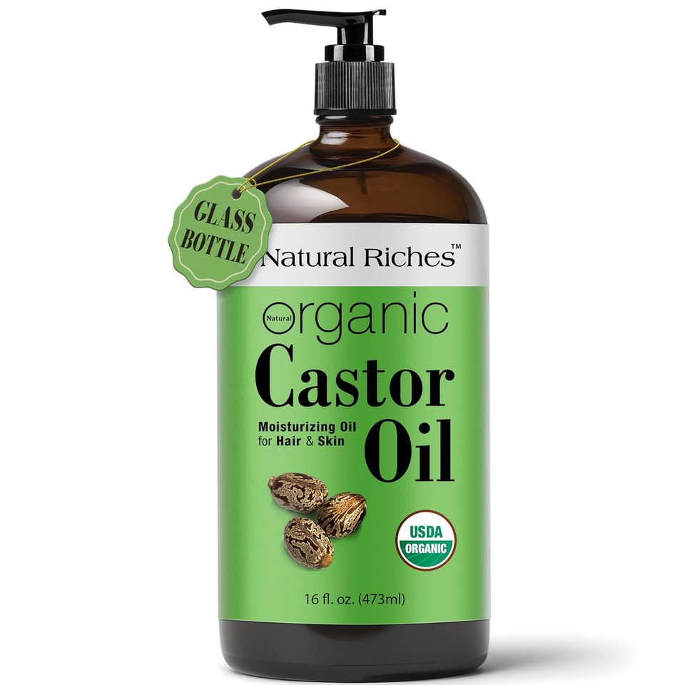 Natural Riches Organic Castor Oil Glass Bottle - Usda Certified, 100% Pure, Unrefined & Cold Pressed  Soothes Dry Skin, Scalp - For Hair Growth & Thicker Eyelashes, Eyebrows  16 Fl Oz