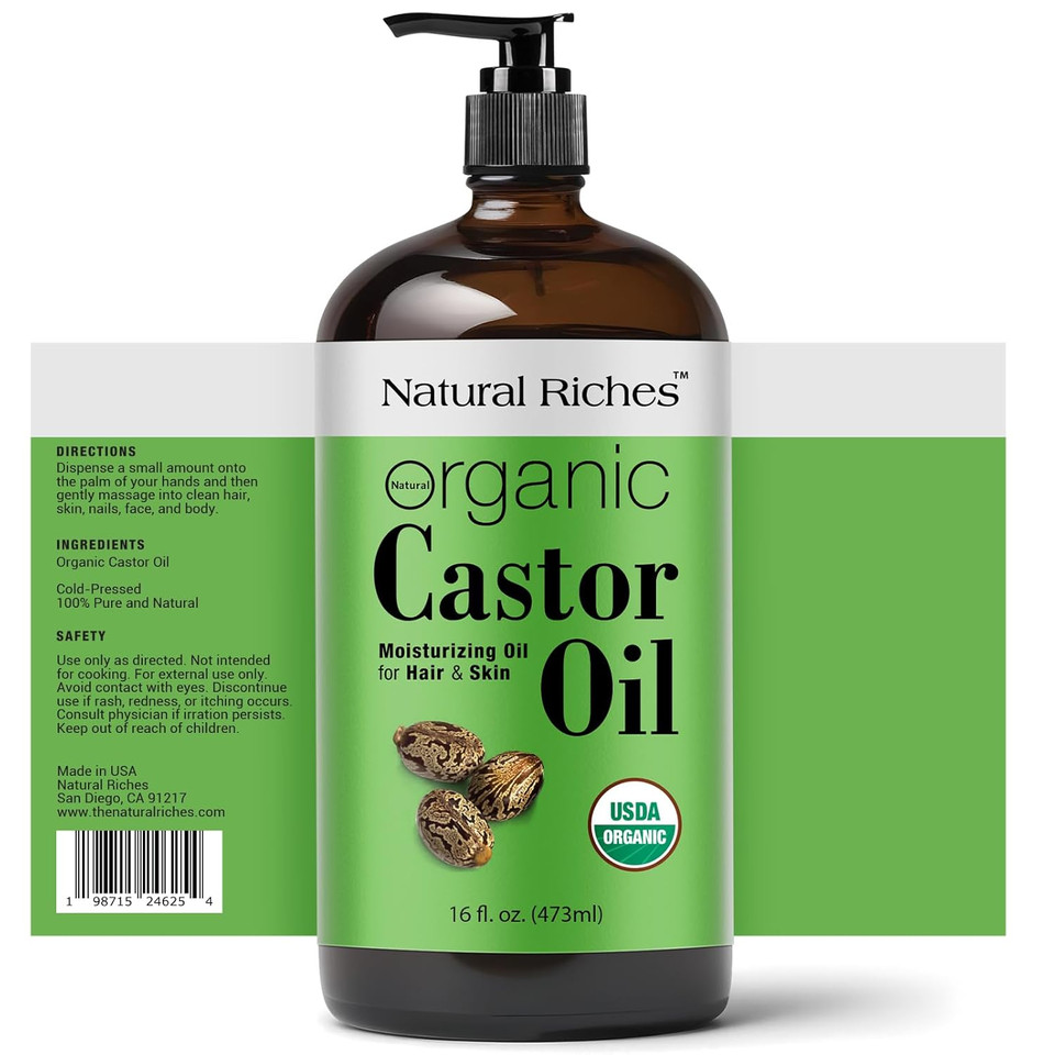 Natural Riches Organic Castor Oil Glass Bottle - Usda Certified, 100% Pure, Unrefined & Cold Pressed  Soothes Dry Skin, Scalp - For Hair Growth & Thicker Eyelashes, Eyebrows  16 Fl Oz