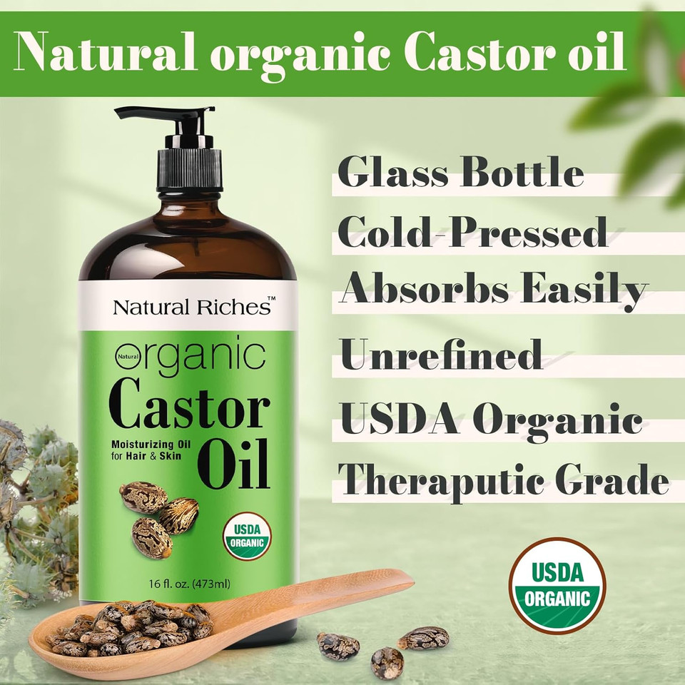 Natural Riches Organic Castor Oil Glass Bottle - Usda Certified, 100% Pure, Unrefined & Cold Pressed  Soothes Dry Skin, Scalp - For Hair Growth & Thicker Eyelashes, Eyebrows  16 Fl Oz