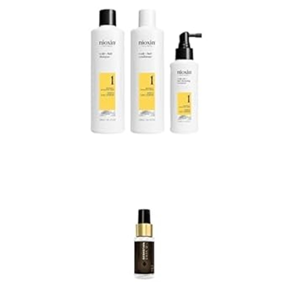 Nioxin Scalp + Hair Thickening System 1 - Hair Thickening System For Natural Hair With Light Thinning, Full Size - 3 Month Supply + Sebastian Professional Dark Oil Lightweight Hair Styling Oil, Trial