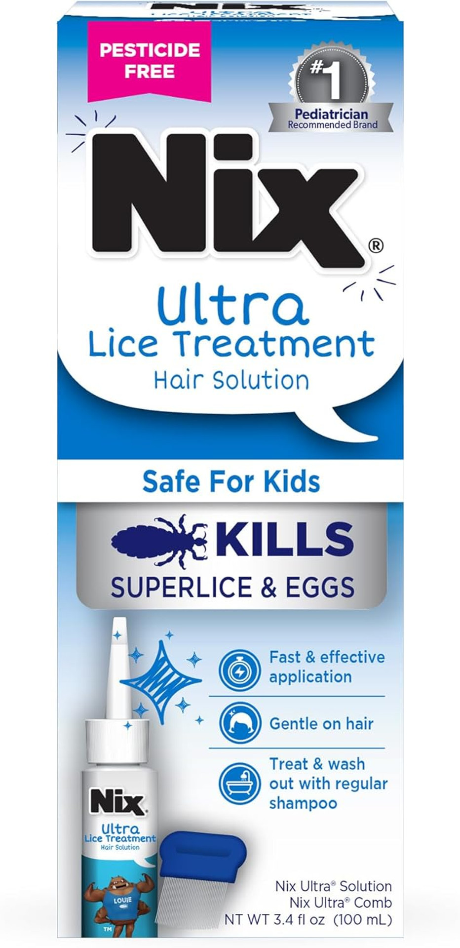 Nix Ultra Lice Removal Kit, Lice Treatment Hair Solution, 3.4 Fl Oz & Lice Removal Comb