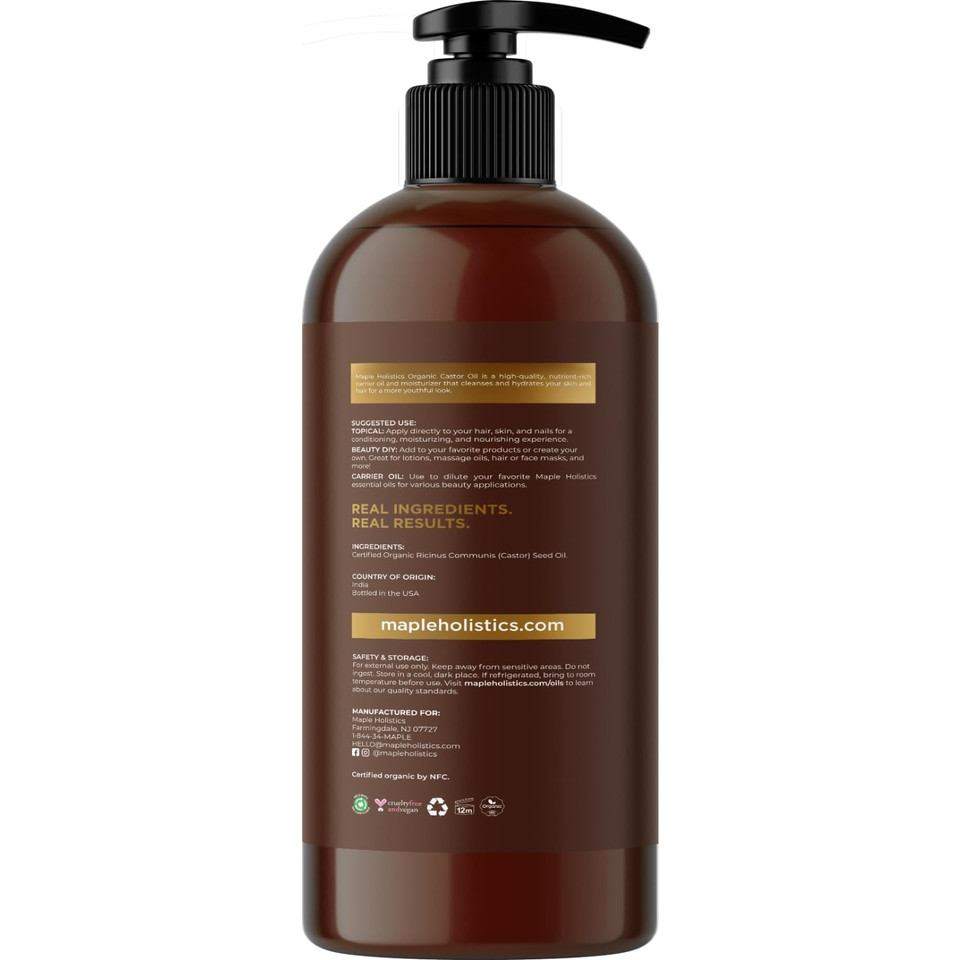 Organic Castor Oil For Hair Skin & Nails - Usda Organic Hexane Free Castor Oil For Skin Face Eyelashes Brows Stomach And Full Body Detox - Extra Virgin Non-Gmo Vegan & Cruelty Free (16 Fl Oz)