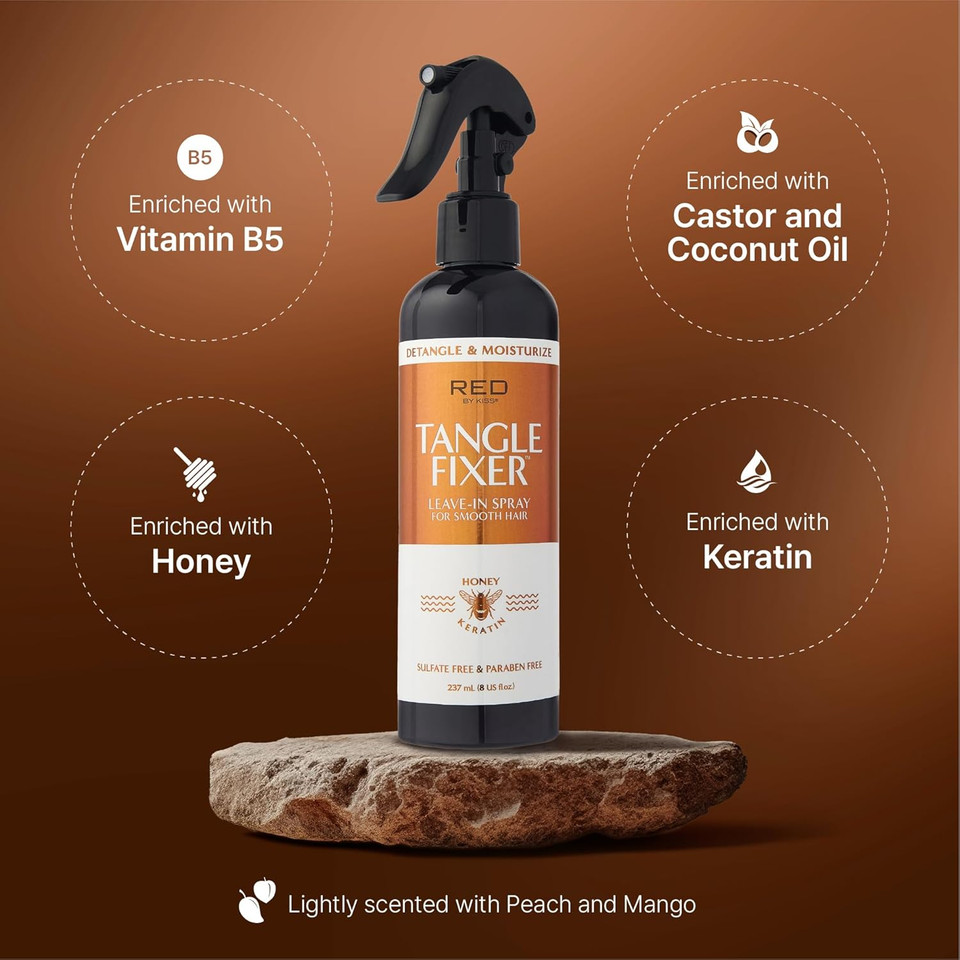 Red By Kiss Tangle Fixer With Honey & Keratin, Sulfate-Free Intensive Detangling Treatment For Shine & Frizz Protection, Mango & Peach Scent