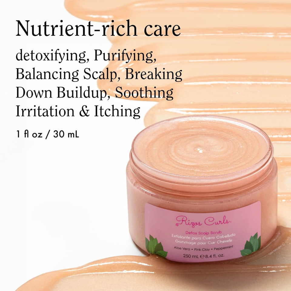 Rizos Curls Detox Scalp Scrub, Exfoliates To Remove Buildup & Excess Oil, Soothes Itchy Scalp, Detoxifying & Clarifying With Pink Clay, Aloe Vera & Peppermint Oil, All Hair Types 1A - 4C, 8.4 Oz