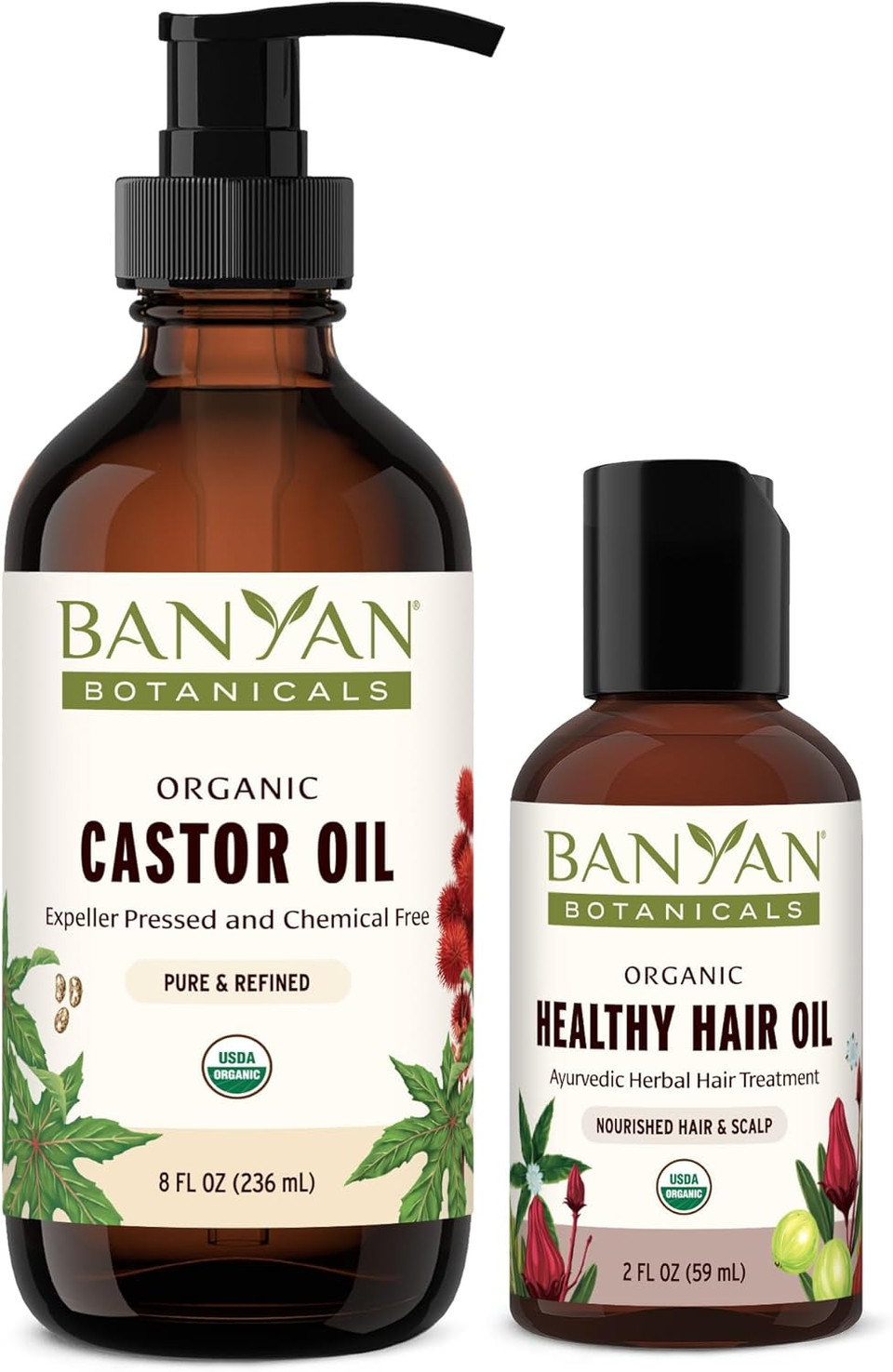 Skin & Hair Bundle - 8 Oz Castor Oil And 2 Oz Healthy Hair Oil - Certified Organic, Non Gmo, Chemical Free