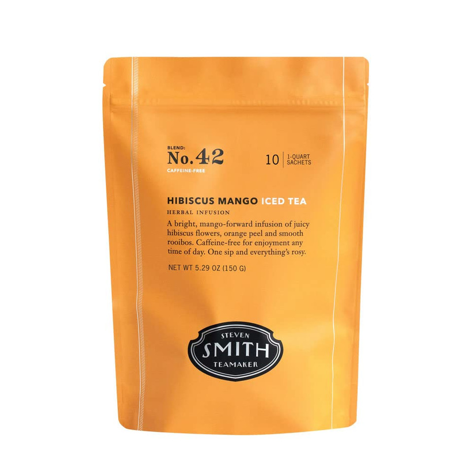Smith Teamaker | Hibiscus Mango No. 42 Hibiscus Flowers, Orange Peel And Smooth Rooibos | Non-Caffeinated Herbal Iced Tea (10 Count - 1 Quart Sachets) - Packaging May Vary
