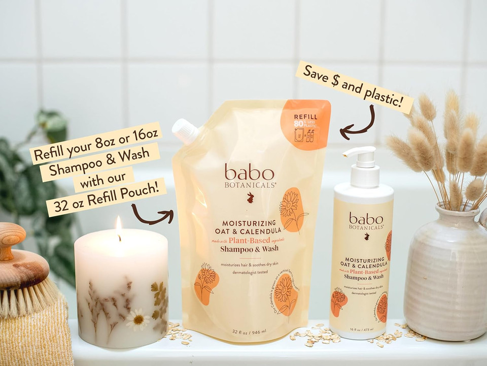 Babo Botanicals Moisturizing Oat & Calendula 2-In-1 Shampoo & Wash - For Dry Or Sensitive Skin - For All Ages - Lightly Scented - Vegan - Refill Pouch 32 Fl.Oz