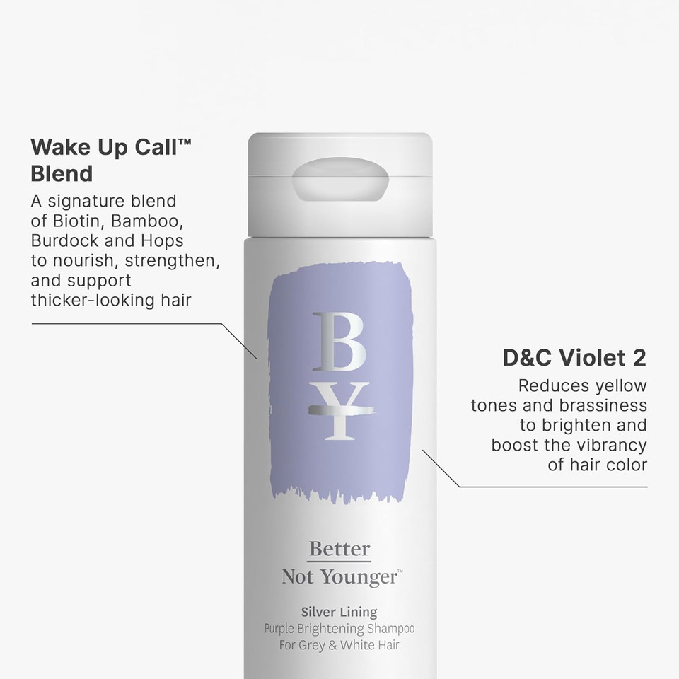 Better Not Younger Silver Lining Purple Shampoo For Women 40+ - Anti-Brass Tone Neutralizer & Brightening Formula, Nourishment For Gray, White & Silver Hair - Sulfate-Free. Burdock & Bamboo, 8.4 Fl Oz