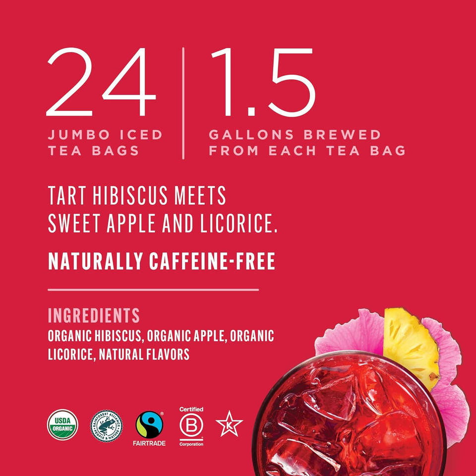 Teatulia Organic Hibiscus Fusion Iced Tea Pitcher Bags (24 Jumbo Tea Bags - Brews 1.5 Gallons) | 100% Compostable | Unsweetened Iced Tea With Hibiscus, Apple, And Licorice