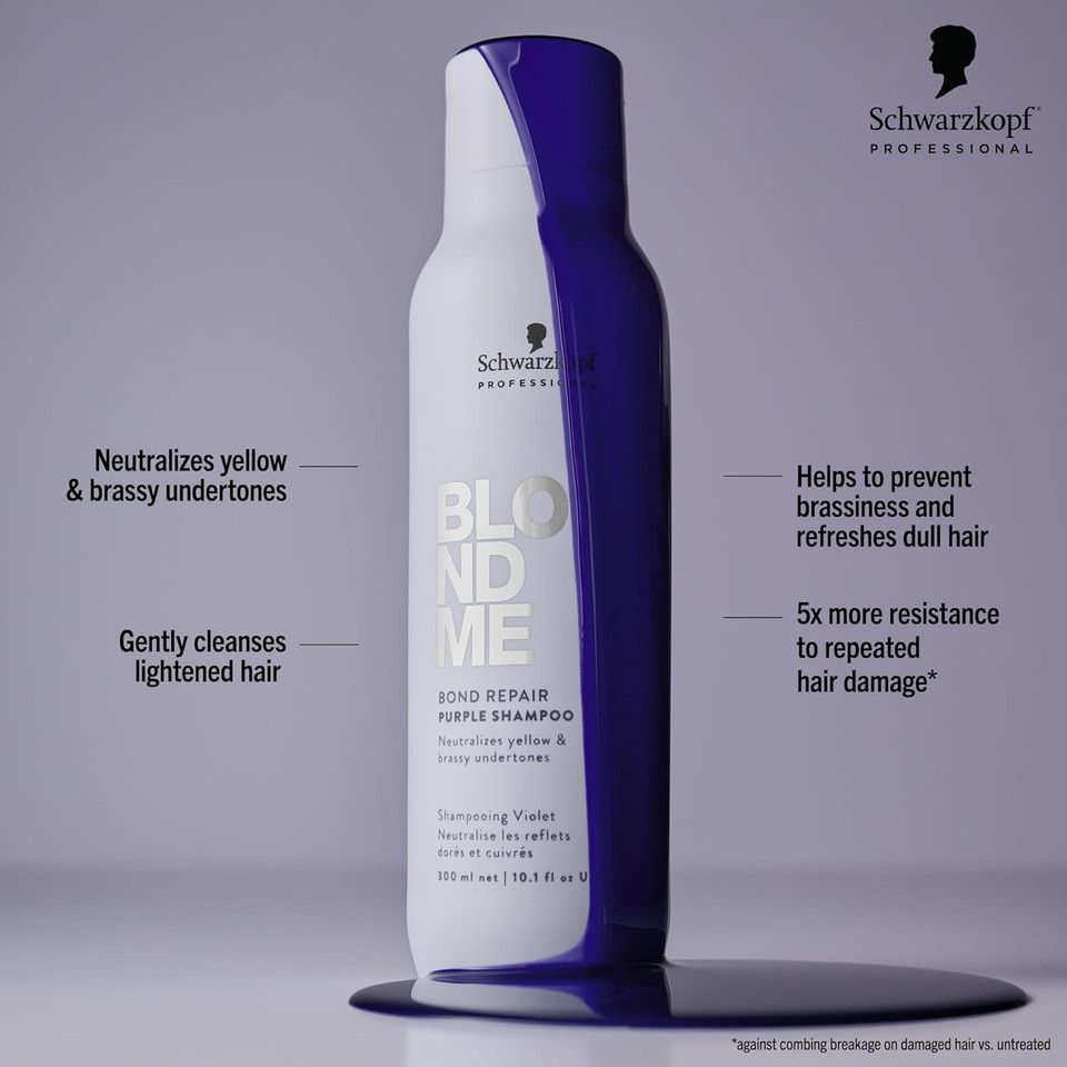 Blondme Bond Repair Purple Shampoo For Blonde Hair | Neutralizes Yellow & Brassy Tones | Strengthens, Repairs, & Prevents Breakage | For Moisturized, Healthy-Looking Cool-Toned Blondes, 33.8 Fl Oz