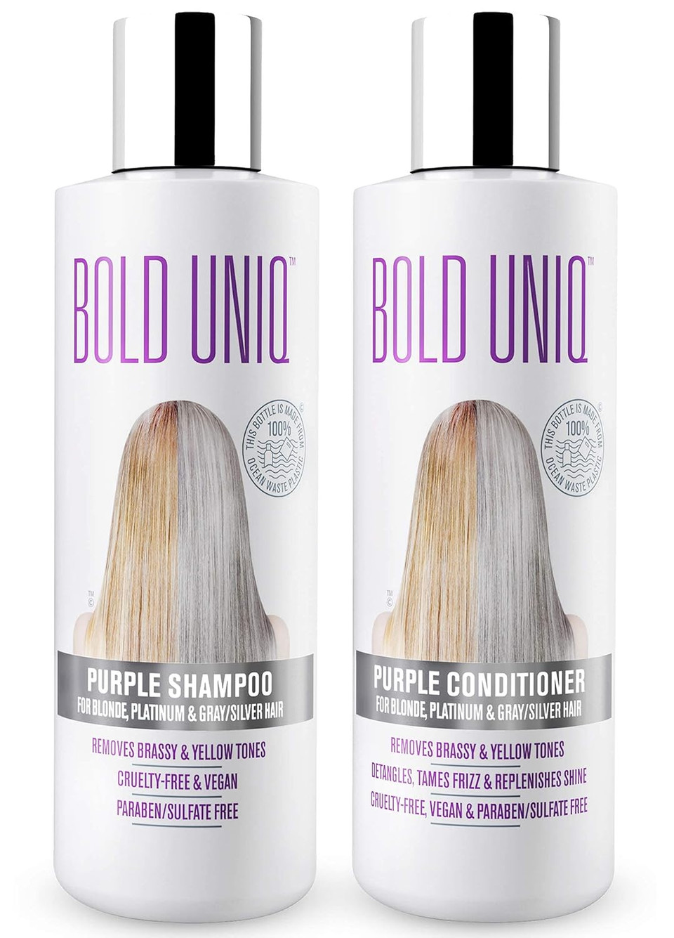 Bold Uniq Purple Shampoo & Conditioner Duo - Eliminates Brassy Yellow Tones. Lightens Blonde, Platinum, Ash, Silver And Grays. Paraben & Sulfate Free, Vegan And Cruelty Free