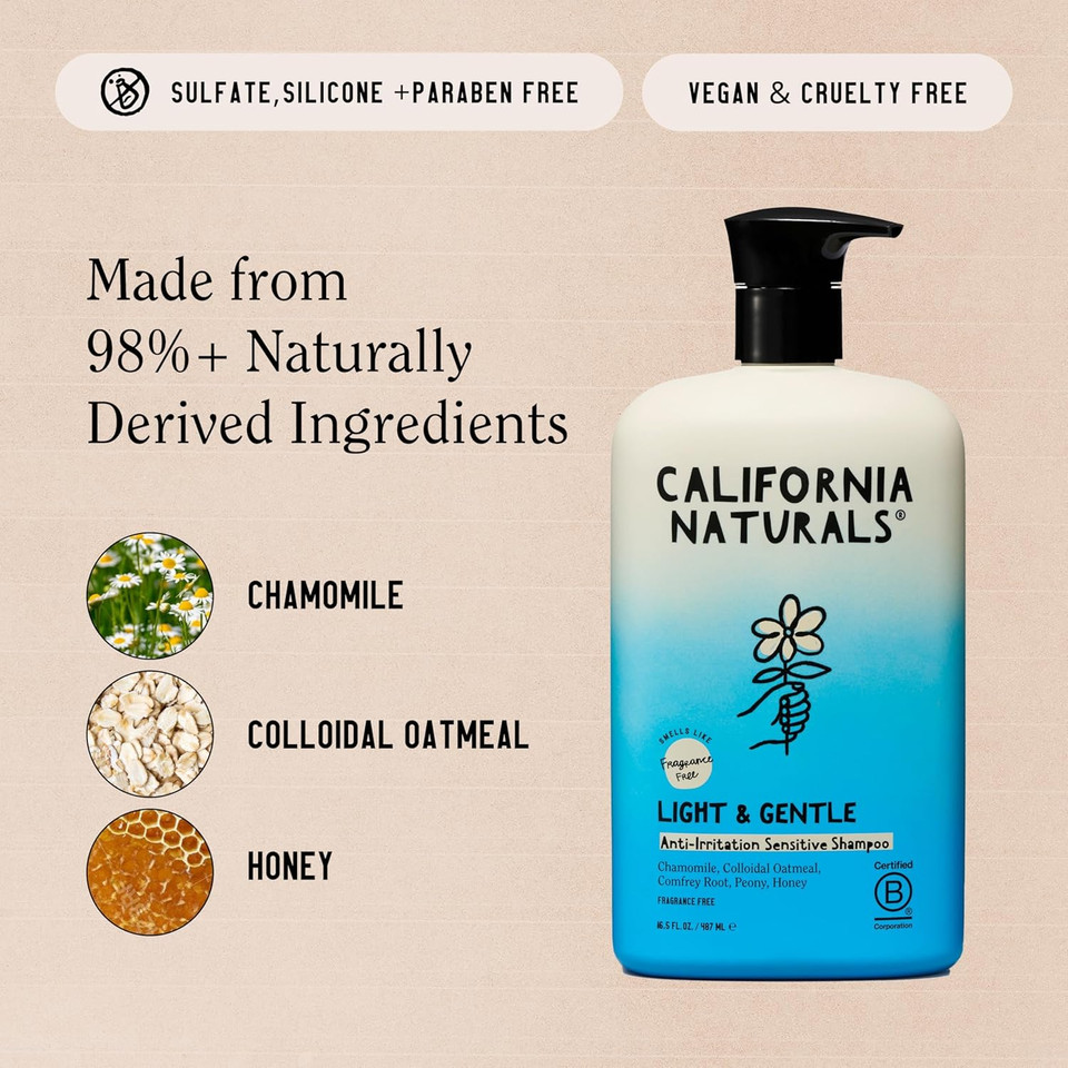 California Naturals Light & Gentle Hair Shampoo For Sensitive Scalp With Aloe Vera, Hydrating, Vegan, Natural, Cruelty, Silicone, Paraben, And Sulfate Free, For Women & Men, All Hair Types, 16.5 Fl Oz