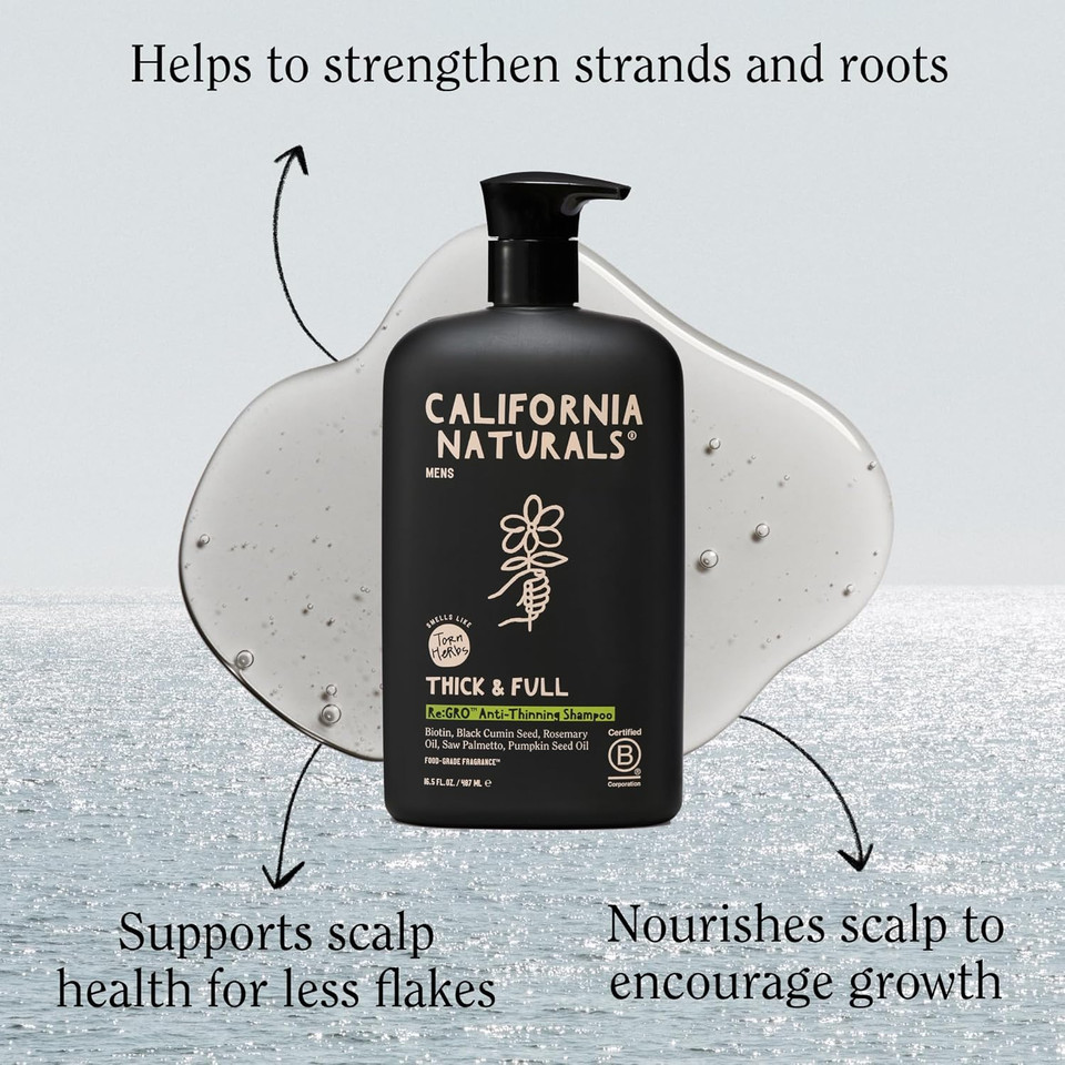 California Naturals Mens Re:Gro Shampoo For Hair Growth Support, Hair Care & Scalp Care With Biotin, All Hair Types, Vegan, Natural, Cruelty Free, Silicone, Paraben & Sulfate Free, For Men, 16.5 Oz