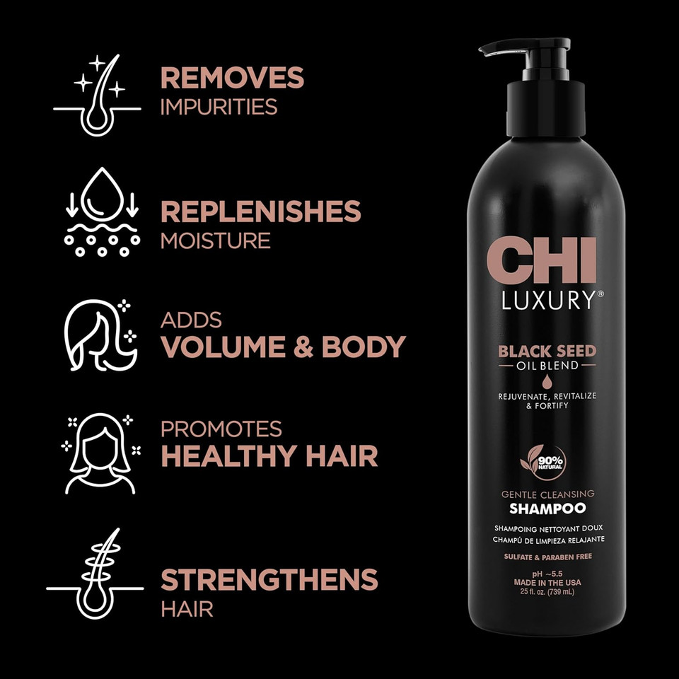 Chi Luxury Black Seed Oil Gentle Cleansing Shampoo, Adds Hair Volume & Body, Strengthens & Removes Impurities, Sulfate, Paraben, & Cruelty-Free, 25 Oz