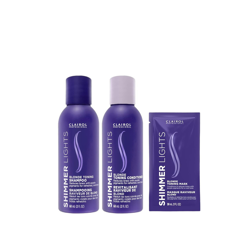 Clairol Professional Shimmer Lights Purple Shampoo & Conditioner, With Violet Toning Mask *Trial Size Bundle | Neutralizes Brass, Yellow Tones For Blonde, Silver, Gray & Highlighted Hair
