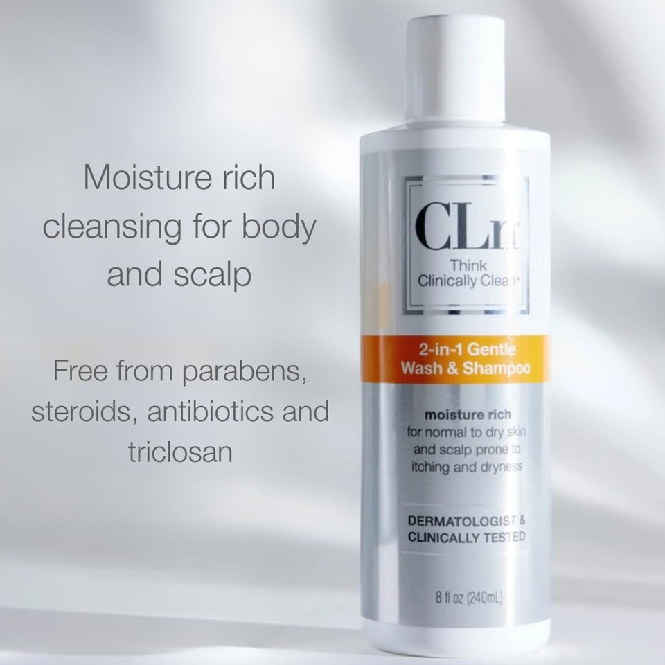 Cln® 2-In-1 Gentle Wash & Shampoo- Multi-Functional Cleanser For Skin & Scalp Prone To Irritation, Flaking, Itching, Dryness & Razor Bumps, Fragrance-Free & Paraben-Free, 8 Fl. Oz