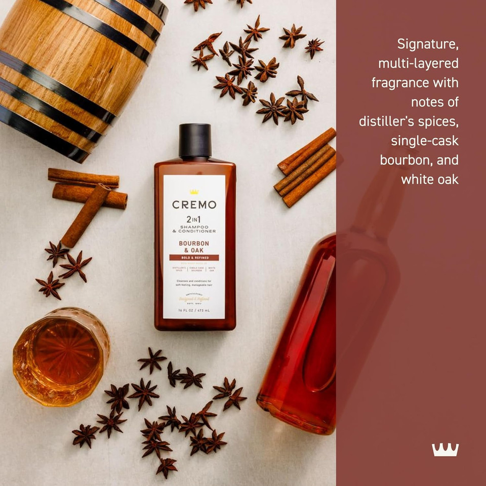 Cremo Bourbon & Oak 2 In 1 Shampoo & Conditioner For Men, A Sophisticated Blend Of Distillers Spice, Fine Bourbon And White Oak, 16 Fl Oz