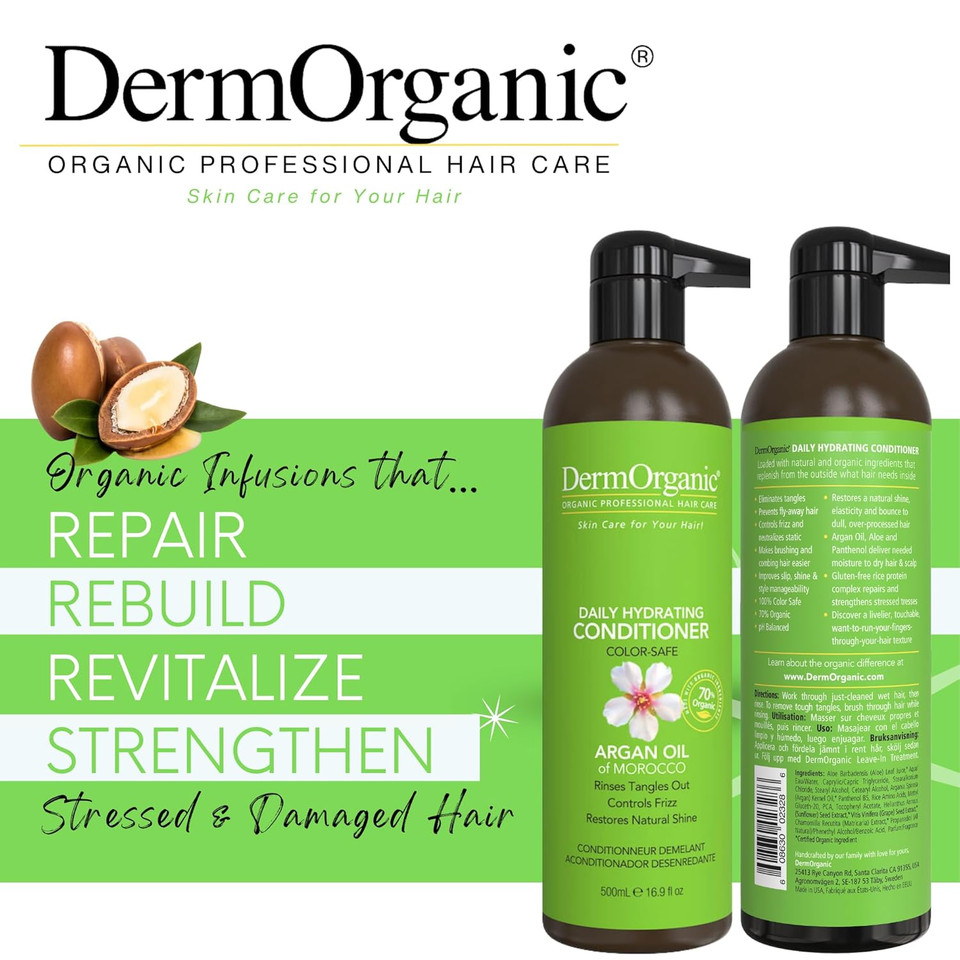 Dermorganic Argan Oil Daily Hydrating Shampoo  Sulfate-Free & Color Safe, 33.8 Oz