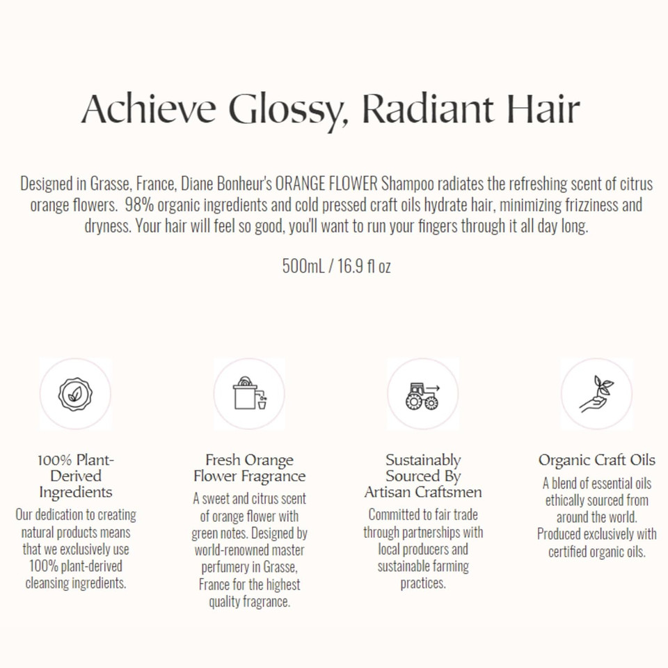 Diane Bonheur Natural Orange Flower Hydrating Hair Shampoo, Gentle Cleansing Hair & Scalp For Men & Women Soft Haircare, Japanese Clarifying Moisture Frizz & Dry Hair Control, 16.9 Fl Oz/500 Ml