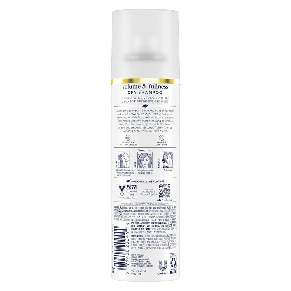 Dove Advanced Dry Shampoo Volume & Fullness Refresh & Revive Flat Hair Without Water For 2 Days Of Freshness & Bounce 1.15 Oz