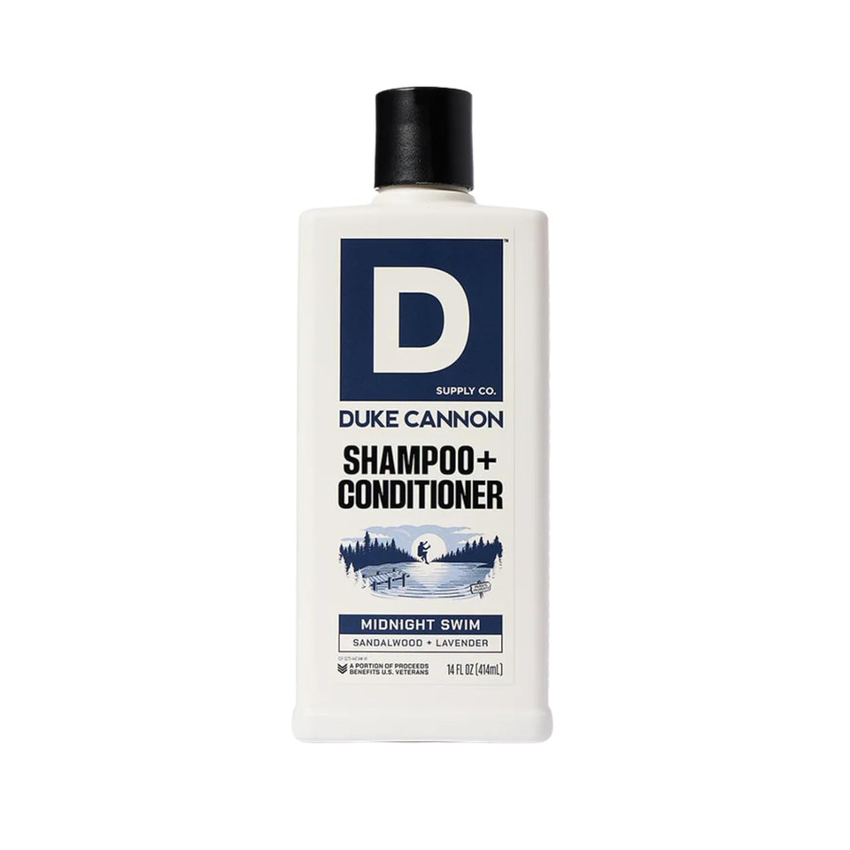 Duke Cannon Supply Co. 2-In-1 Hair Wash - Masculine Scent - Gentle Cleansing Hair Wash For Men - Stimulating Hair Shampoo & Conditioner - Strengthens Hair - Midnight Swim Shampoo/Conditoner (14 Oz)