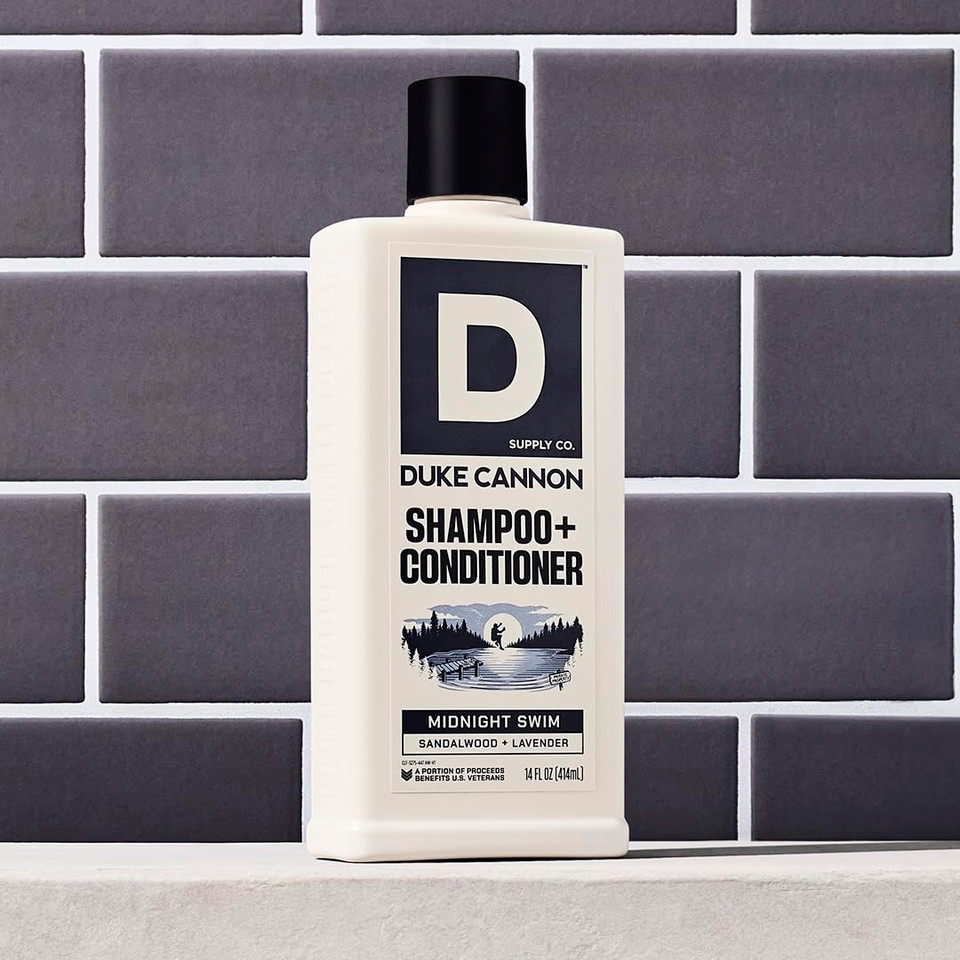 Duke Cannon Supply Co. 2-In-1 Hair Wash - Masculine Scent - Gentle Cleansing Hair Wash For Men - Stimulating Hair Shampoo & Conditioner - Strengthens Hair - Midnight Swim Shampoo/Conditoner (14 Oz)