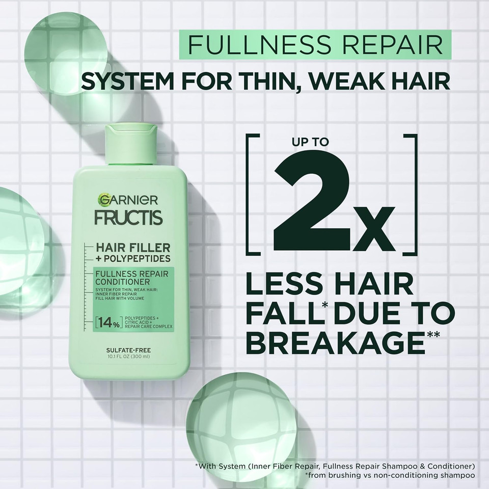 Garnier Fructis Hair Filler Fullness Repair Conditioner, Volumizing Conditioner With Polypeptides And Hair Repair Complex For Thin, Weak Split Ends, 10.1 Fl Oz