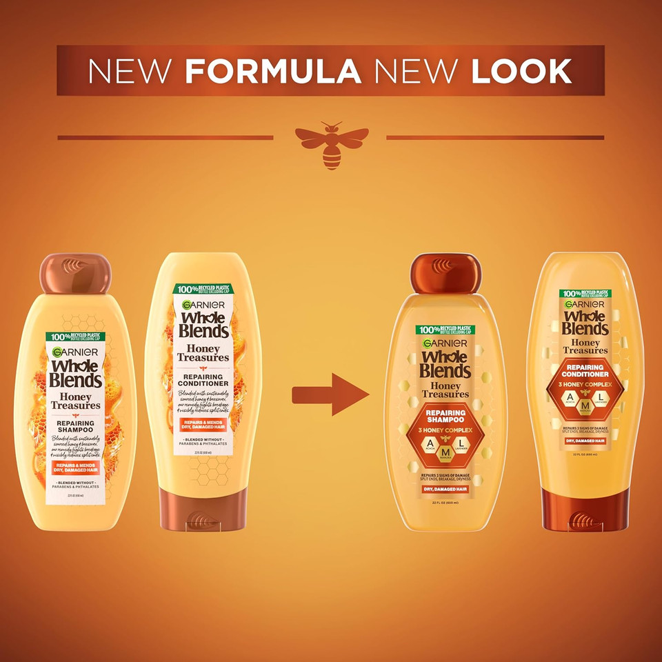 Garnier Whole Blends Honey Treasures Repairing Shampoo & Conditioner 22 Fl Oz Each + Hair Serum (5.1 Fl Oz) For Dry, Damaged Hair (Bundle Of 4 Items)