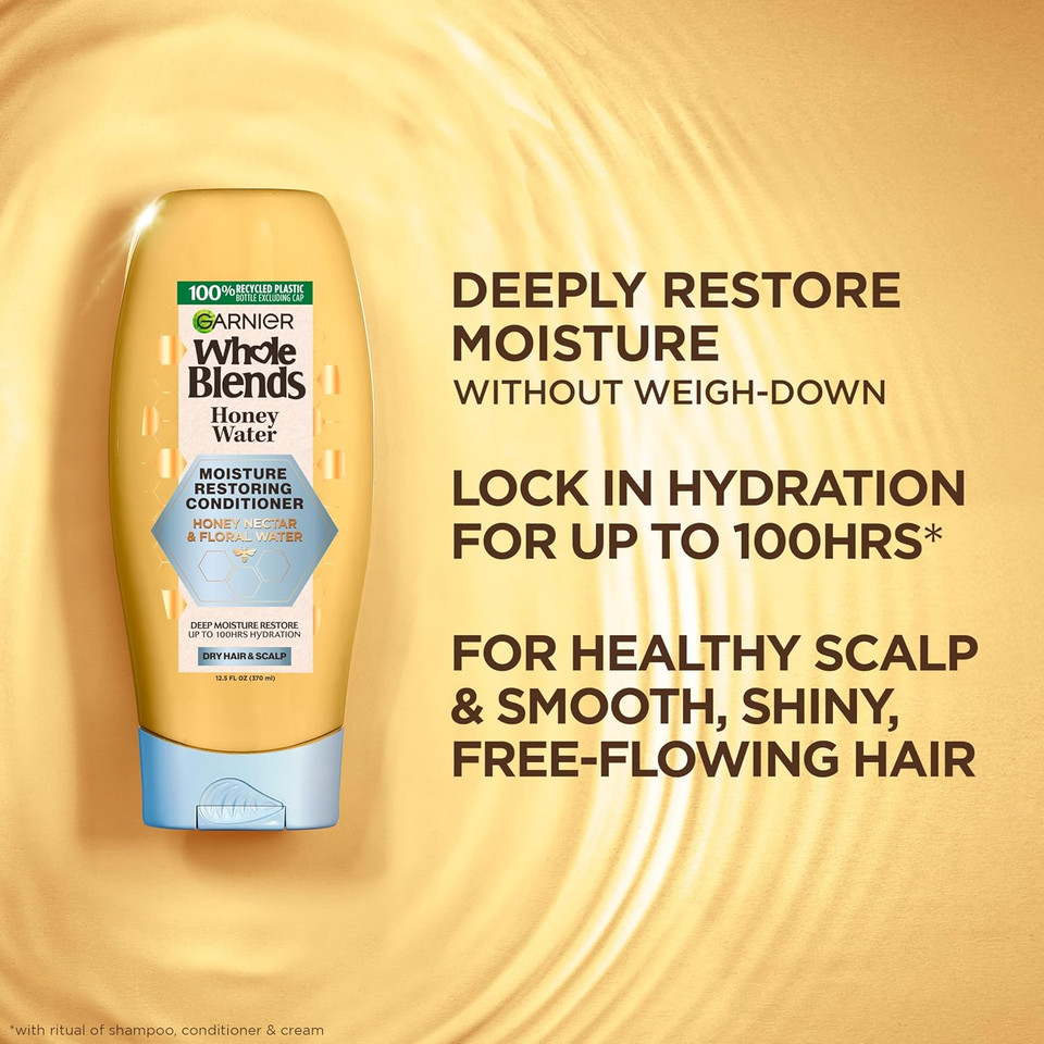 Garnier Whole Blends Honey Water Moisture Restoring Conditioner, Hair Care For Dry Hair And Dry Scalp With Honey Nectar And Floral Water, 26.6 Fl Oz