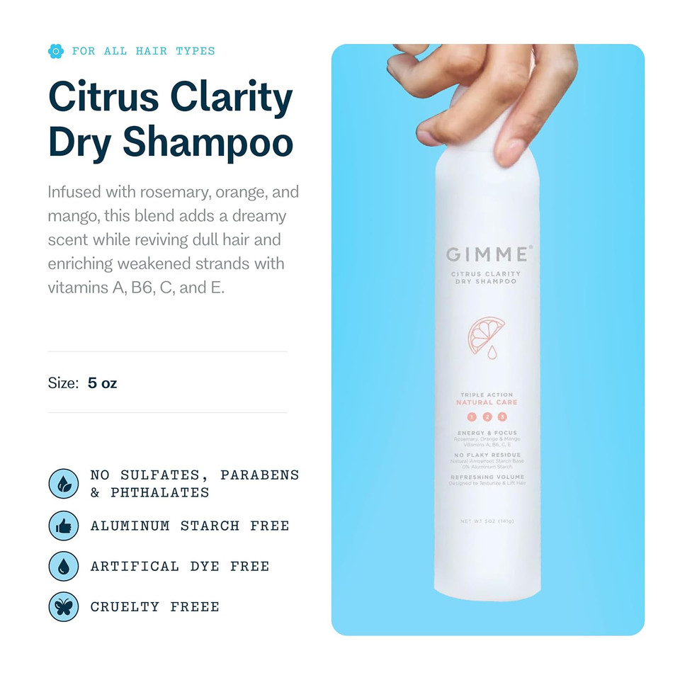 Gimme Beauty Dry Shampoo - For All Hair Types, Including Blonde - With Biotin, Aloe Vera & Keratin - Sulfate & Paraben Free With Sun Protection - Citrus Clarity