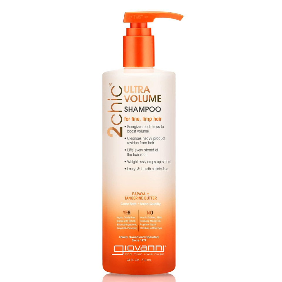 Giovanni 2Chic Ultra-Volume Shampoo - Daily Volumizing Formula With Papaya & Tangerine Butter, Promotes Weightless Control For Fine Limp Thin Hair, No Parabens, Color Safe - 24 Oz