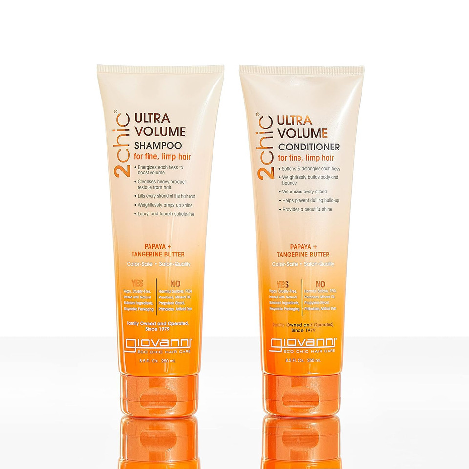 Giovanni 2Chic Ultra-Volume Shampoo - Daily Volumizing Formula With Papaya & Tangerine Butter, Promotes Weightless Control For Fine Limp Thin Hair, No Parabens, Color Safe - 8.5 Fl Oz