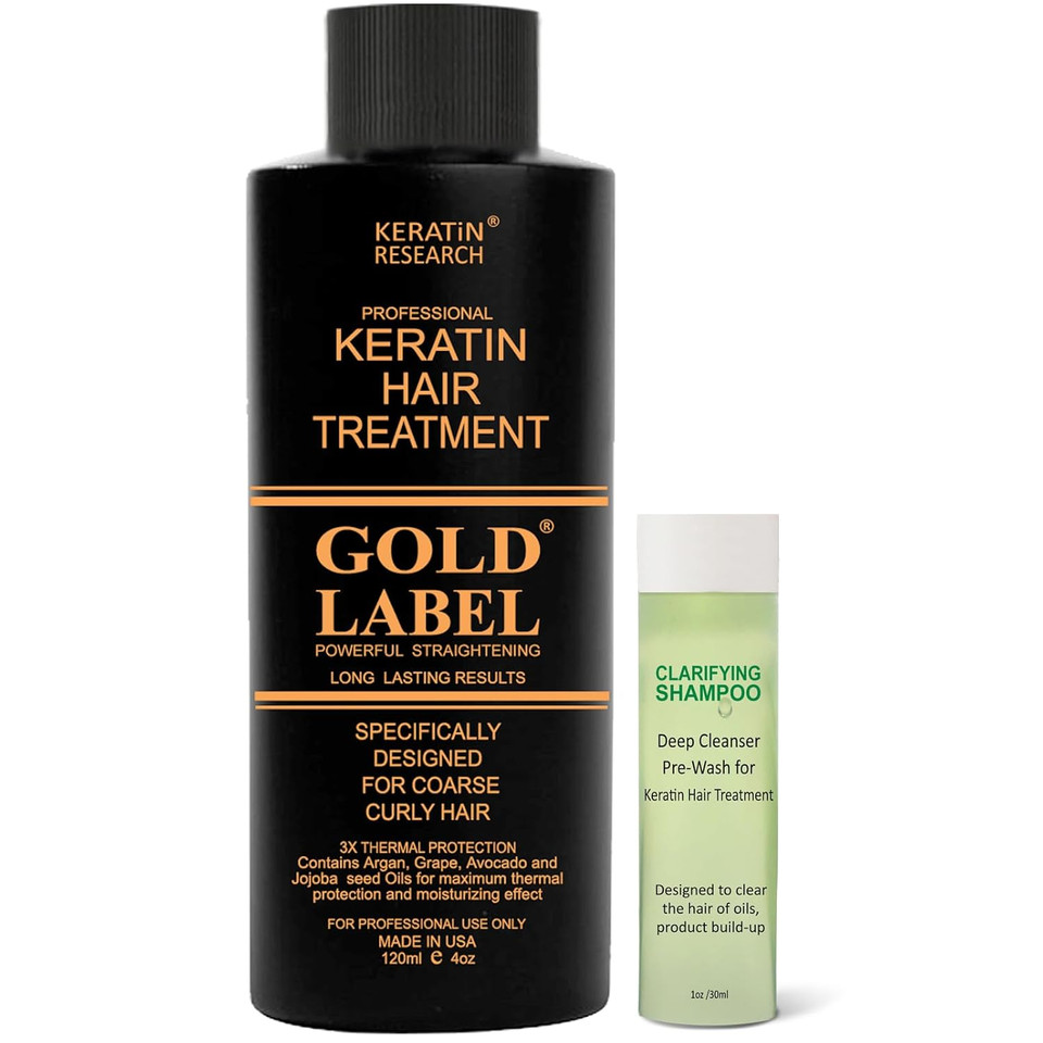 Gold Label 120Ml+30 Set Professional Results Brazilian Keratin Hair Treatment Blowout With Clarifying Shampoo Enhanced For All Hair Types Coarse Curly Black African Dominican Brazilian Dry Frizzy