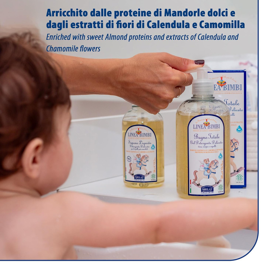 Helan Linea Bimbi Bio - Baby Shampoo & Body Wash, Baby Wash Gel With Marigold & Chamomile Flower Extracts, Kids Shampoo & Gentle Cleanser With Sweet Almond Protein For Baby Bath Made In Italy 500Fl Oz