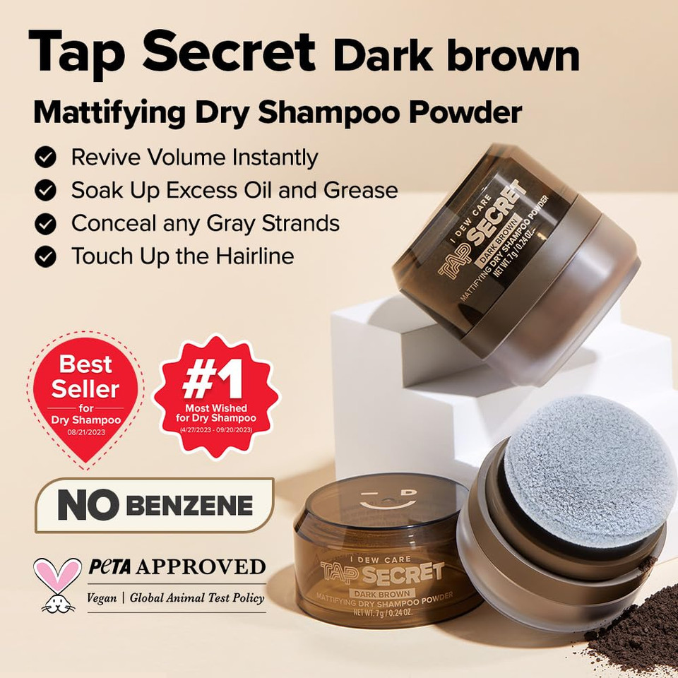 I Dew Care Biotin Clarifying Dry Shampoo - Tap Secret Dark Brown | Strengthening & Volumizing, Powder Type, Refillable, Travel Size, Non-Aerosol, Brunette, Korean Ginseng, 0.24 Oz I Dew Care Biotin Clarifying Dry Shampoo - Tap Secret Dark Brown | Strengthening & Volumizing, Powder Type, Refillable, Travel Size, Non-Aerosol, Brunette, Korean Ginseng, 0.24 Oz