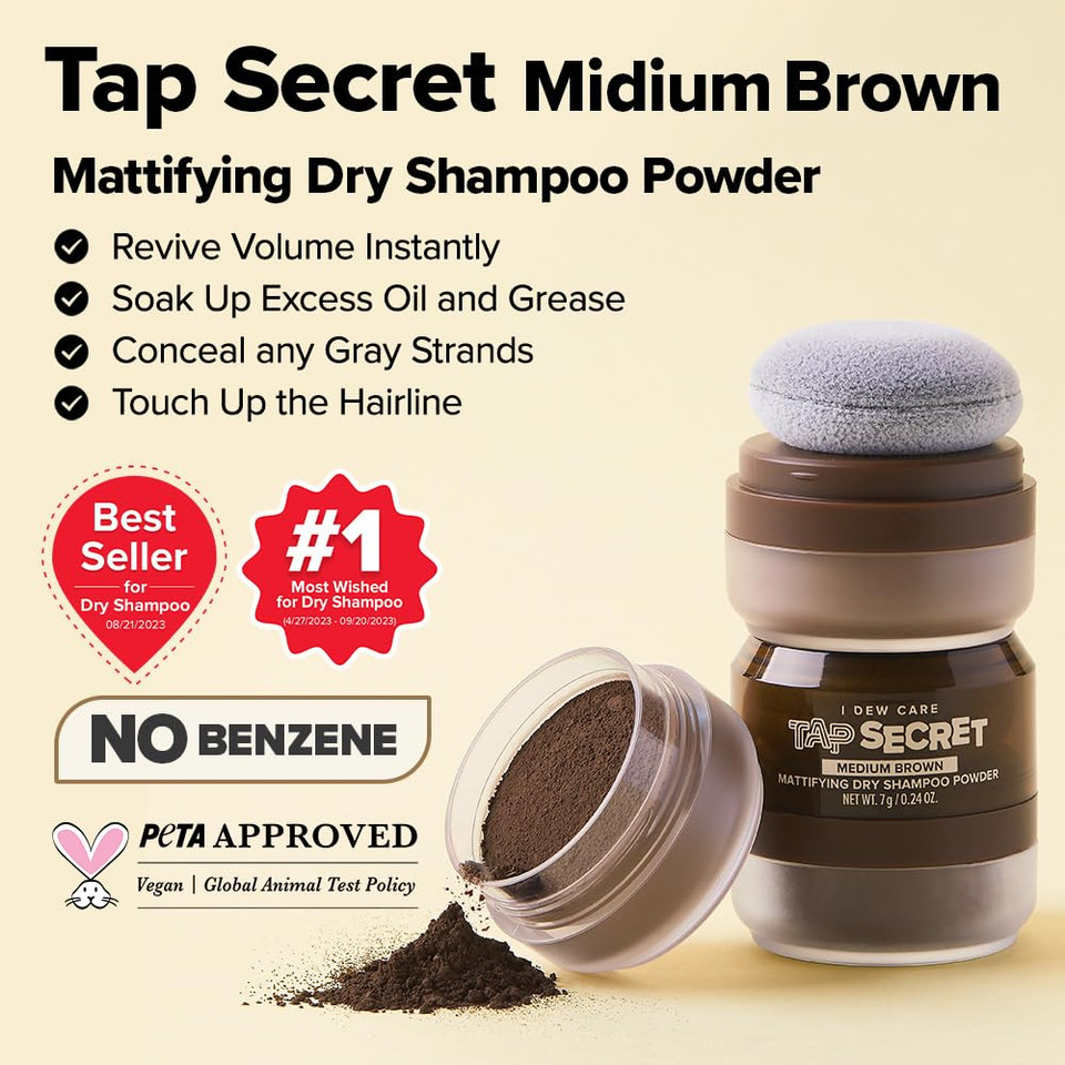 I Dew Care Biotin Clarifying Dry Shampoo - Tap Secret Medium Brown | Strengthening & Volumizing, Powder Type, Refillable, Travel Size, Non-Aerosol, Brunette, Korean Ginseng, 0.24 Oz I Dew Care Biotin Clarifying Dry Shampoo - Tap Secret Medium Brown | Strengthening & Volumizing, Powder Type, Refillable, Travel Size, Non-Aerosol, Brunette, Korean Ginseng, 0.24 Oz