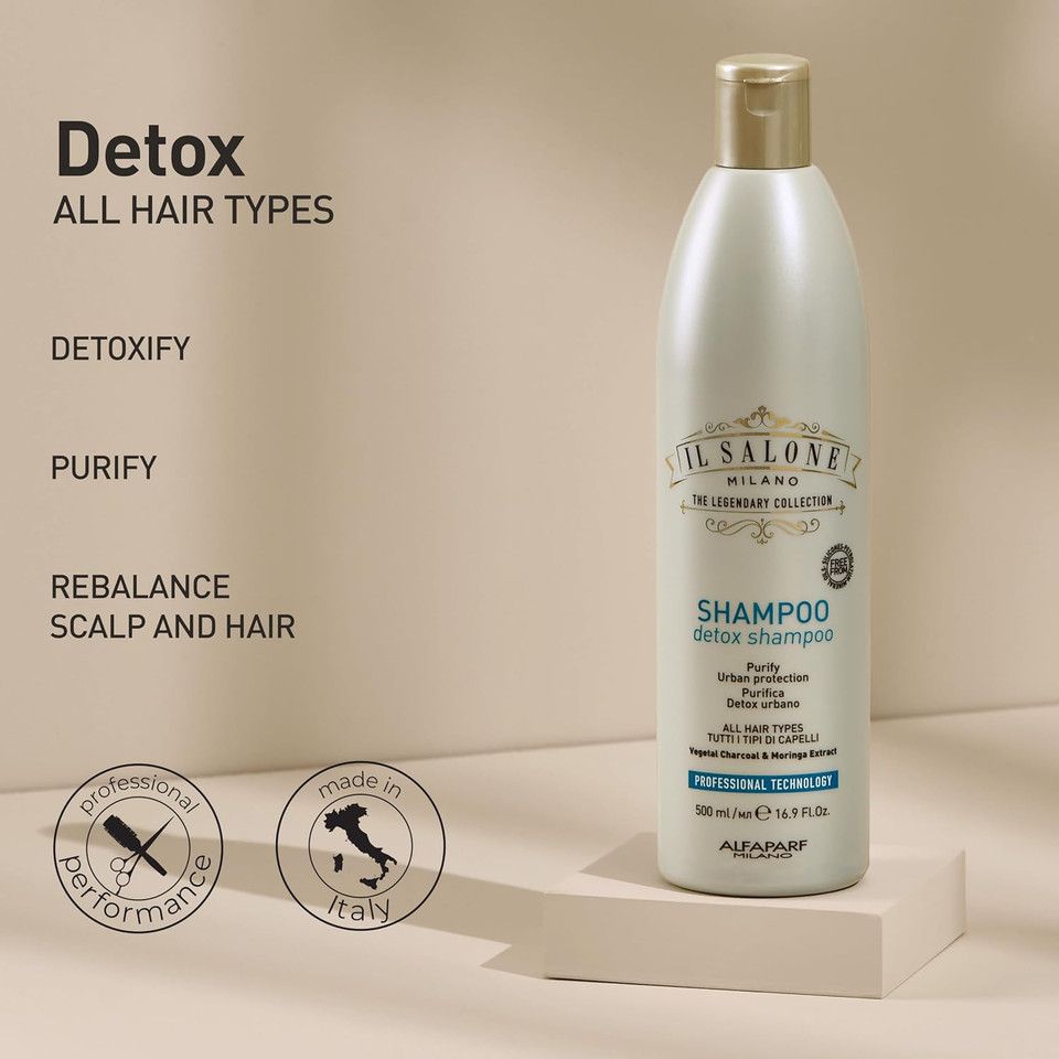 Il Salone Milano Detox Shampoo For All Hair Types - Clarifying Shampoo With Charcoal Powder - Scalp Cleanser To Detox - Restores Broken Bonds & Adds Softness - Professional Haircare (16.9 Oz / 500 Ml)