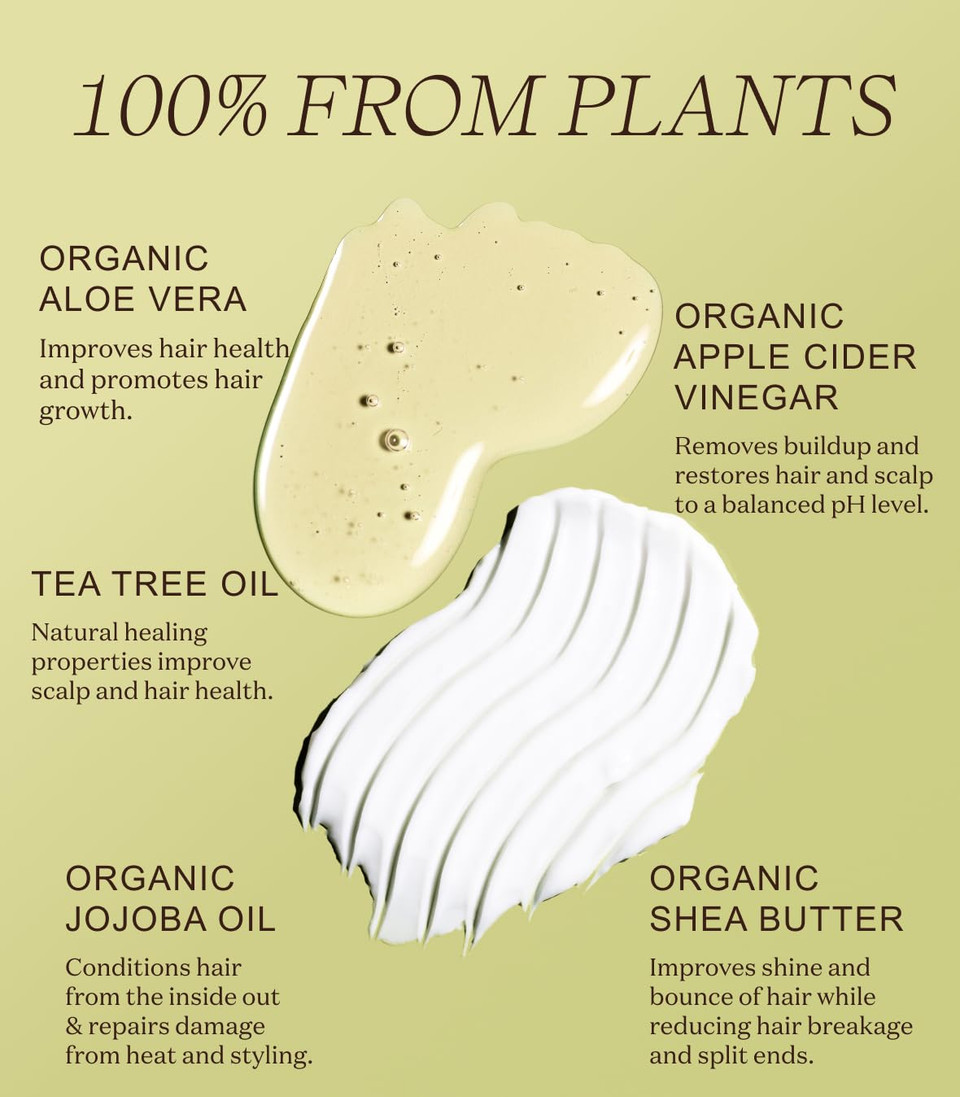 Non Toxic Vegan Shampoo And Conditioner With Organic Ingredients, Apple Cider Vinegar, Tea Tree Oil - Color Safe, Paraben & Gluten Free, Silicone & Sulfate Free, Ph Balanced