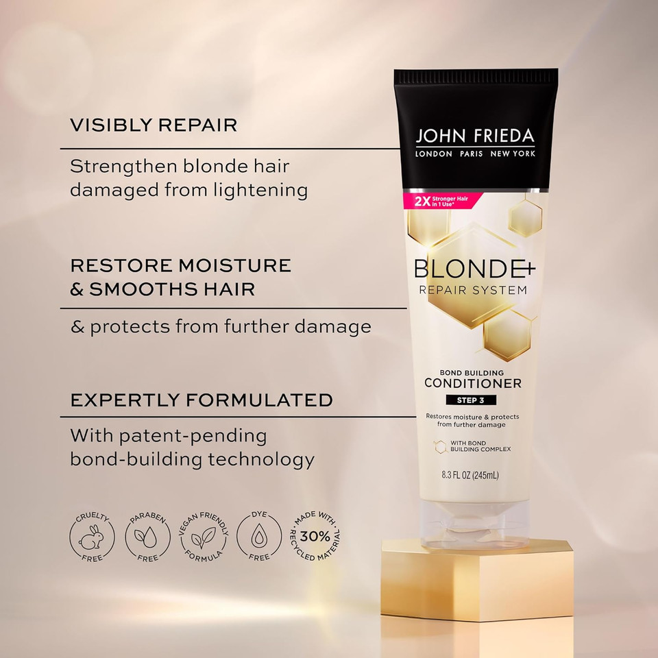 John Frieda Blonde+ Hair Repair System, Conditioner With Bond Building Complex, Restores Moisture And Protects Hair From Further Damage, Step 3 Of Hair Repair System, 8.3 Oz John Frieda Blonde+ Hair Repair System, Conditioner With Bond Building Complex, Restores Moisture And Protects Hair From Further Damage, Step 3 Of Hair Repair System, 8.3 Oz
