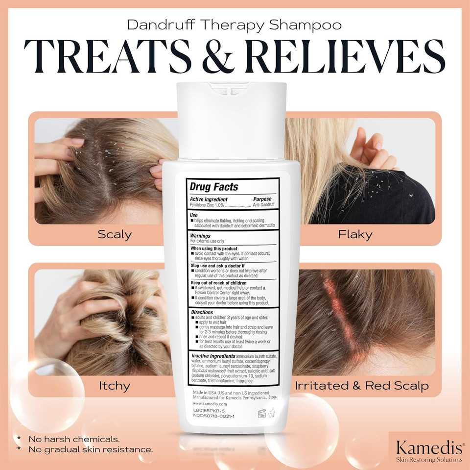 Kamedis Anti-Dandruff Therapy Shampoo. For Itchy, Flaky, Sensitive Scalp And Seborrheic Dermatitis. Contains 1% Zinc Pyrithione And Salicylic Acid. Hair & Head Remedy. Paraben Free. 16.9 Fl Oz