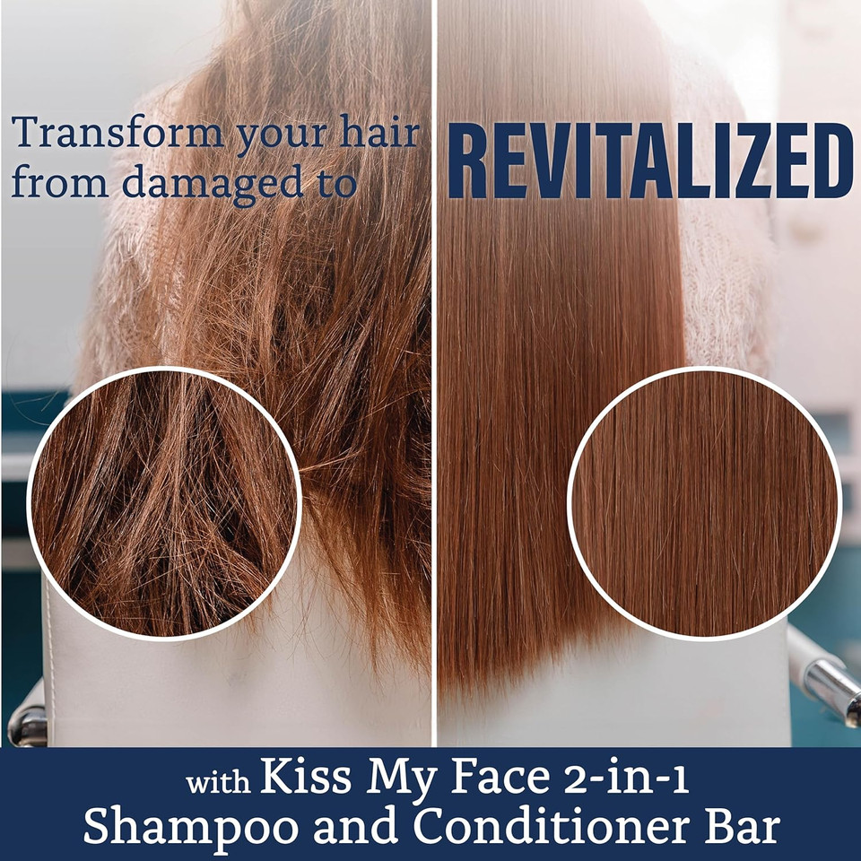Kiss My Face 2-In-1 Shampoo + Conditioner Bar - Palm Oil, Cruelty-Free For Dry, Dull & Frizzy Hair With Oat And Shea Butter-113 Grams