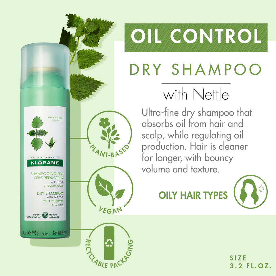 Klorane Dry Shampoo With Nettle For Oily Hair And Scalp, Regulates Oil Production, Paraben & Sulfate-Free, 3.2 Oz