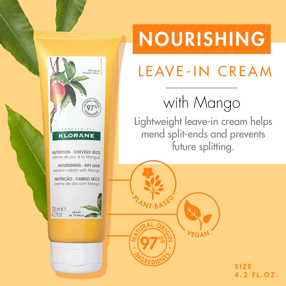 Klorane Nourishing Leave-In Cream With Mango Butter, Moisturize, Hydrate And Smoothe Dry Hair, Paraben, Silicone, Sulfate Free, 4.2 Oz