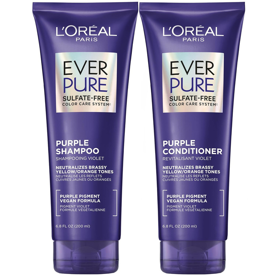 LOreal Paris Everpure Sulfate Free Brass Toning Purple Shampoo And Conditioner Set For Blonde, Bleached, Silver, Or Brown Highlighted Hair, 1 Kit