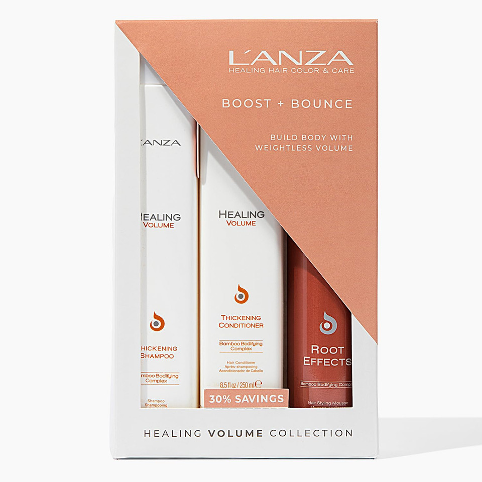 L'Anza Healing Volume Trio Hair Kit, Thickening Shampoo And Conditioner With Root Effects Mousse Hairspray In A Gift Box, Luxury Hair Care Kit For Hair Volume (10.1/8.5/6.8 Fl Oz)