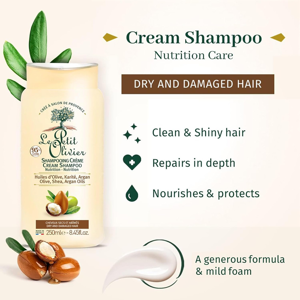 Nutrition Cream Shampoo - Olive, Shea, Argan Oils - Repairs Dry, Damaged Hair - Enriched With Natural Origin Ingredients - Free Of Silicone - 8.45 Oz