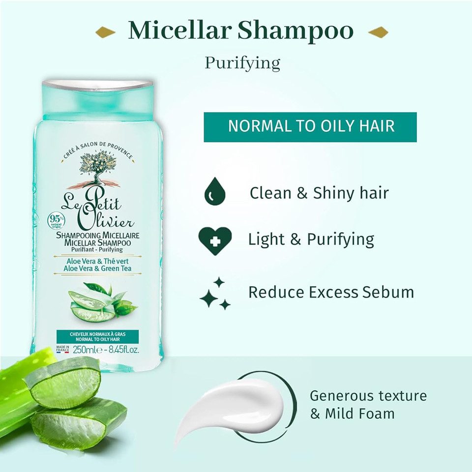 Purifying Micellar Shampoo - Aloe Vera And Green Tea - Cleanses Hair - Reduce Excess Sebum - Suitable For Normal To Oily Hair - Free Of Silicones - 8.45 Oz